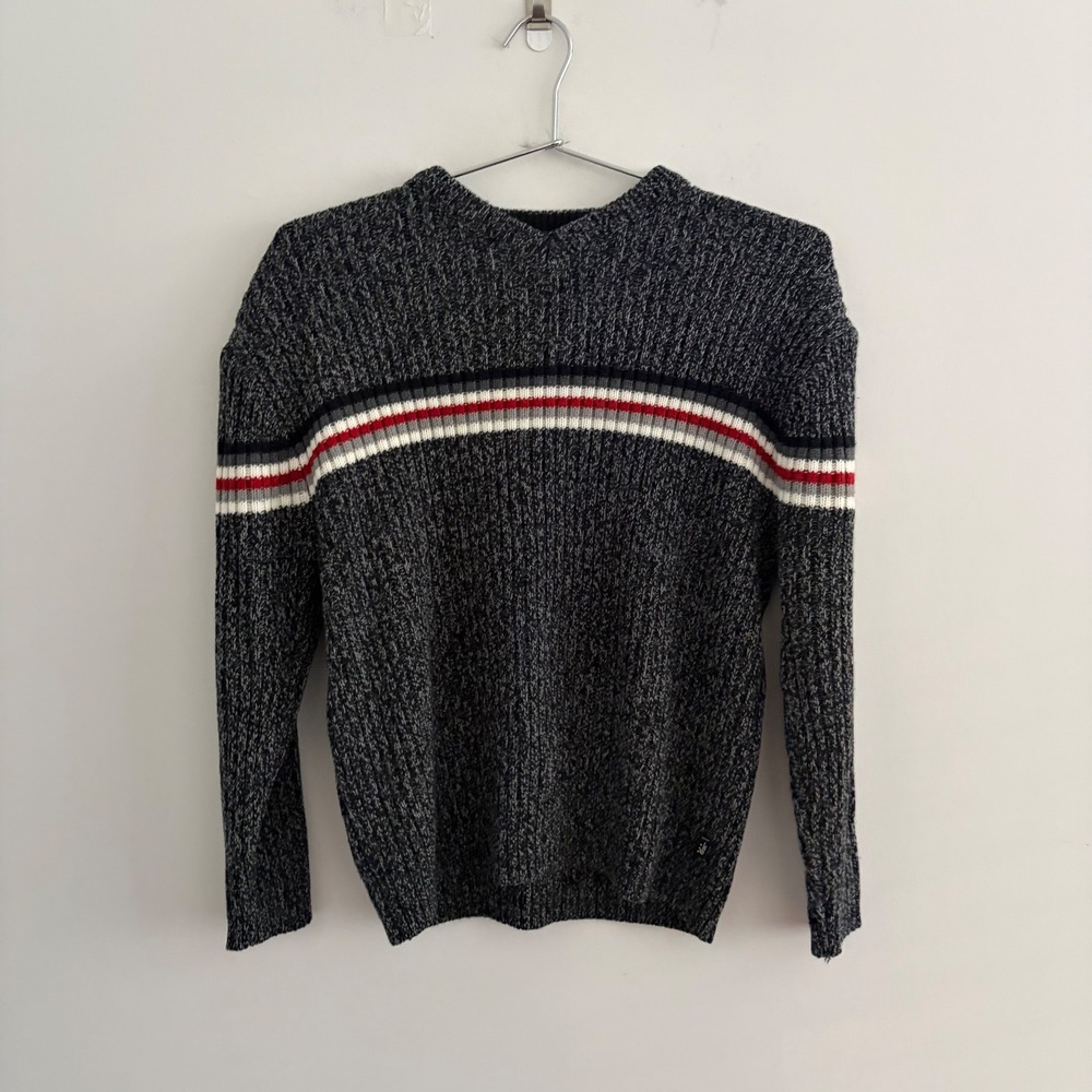 Vintage KG Mens Large Black White Marl Striped Knit Sweater RN 63925
